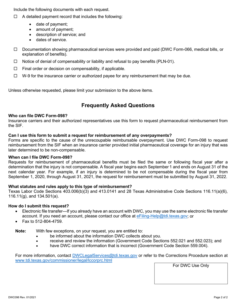 Form DWC098 Subsequent Injury Fund Reimbursement Request Form - Pharmaceutical - Texas, Page 2