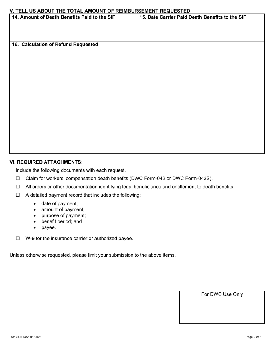 Form DWC096 Subsequent Injury Fund Reimbursement Request Form - Refund of Death Benefits - Texas, Page 2