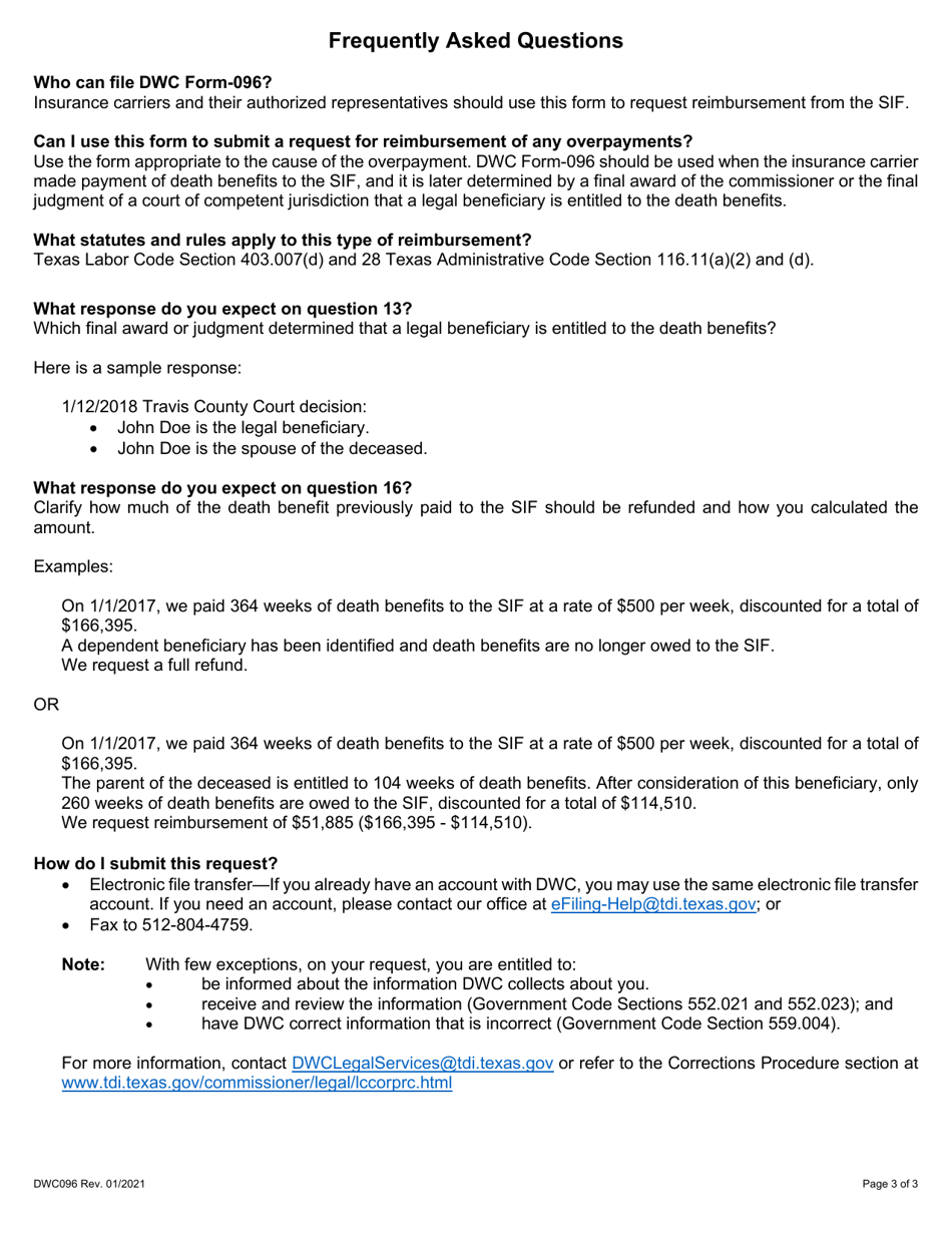 Form DWC096 Subsequent Injury Fund Reimbursement Request Form - Refund of Death Benefits - Texas, Page 3