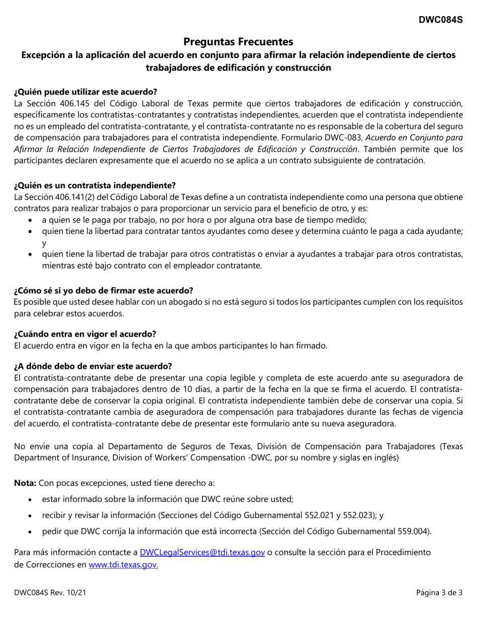 Formulario DWC084S Excepcion a La Aplicacion Del Acuerdo Conjunto Para Afirmar La Relacion Independiente De Ciertos Trabajadores De Edificacion Y Construccion - Texas (Spanish), Page 3
