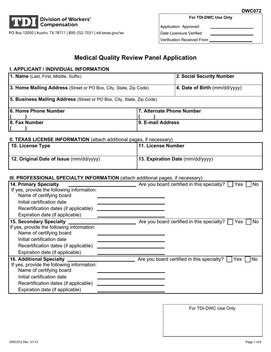 Form DWC072 Medical Quality Review Panel Application - Texas, Page 1