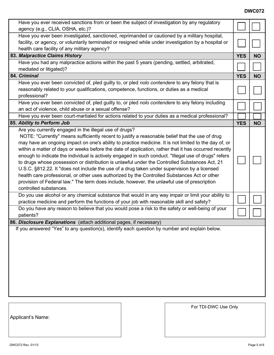 Form DWC072 Medical Quality Review Panel Application - Texas, Page 5