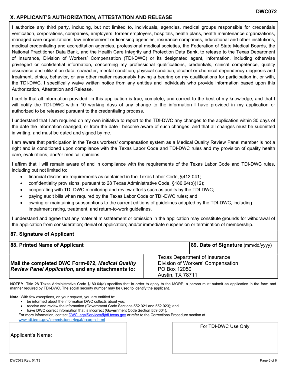 Form DWC072 Medical Quality Review Panel Application - Texas, Page 6