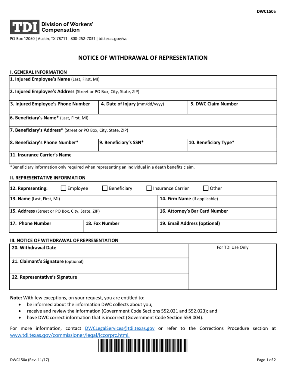 Form DWC150A Notice of Withdrawal of Representation - Texas, Page 1