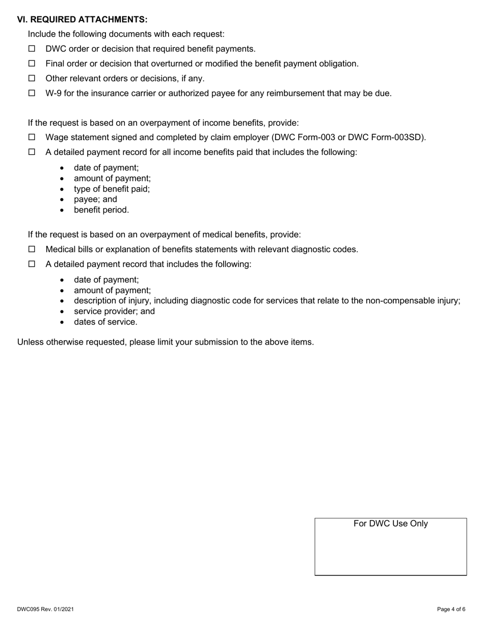 Form DWC095 Subsequent Injury Fund Reimbursement Request Form - Overturned Order or Designated Doctor Opinion - Texas, Page 4