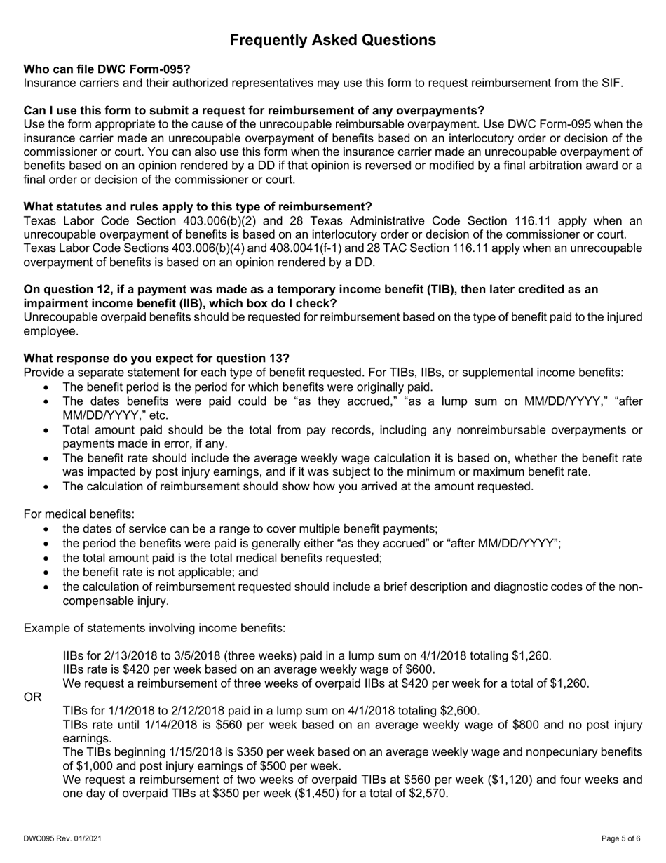 Form DWC095 Subsequent Injury Fund Reimbursement Request Form - Overturned Order or Designated Doctor Opinion - Texas, Page 5