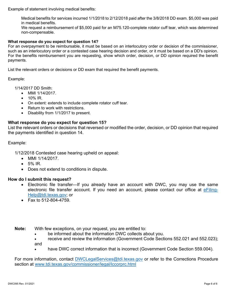 Form DWC095 Subsequent Injury Fund Reimbursement Request Form - Overturned Order or Designated Doctor Opinion - Texas, Page 6