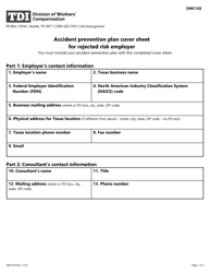 Form DWC102 Accident Prevention Plan Cover Sheet for Rejected Risk Employer - Texas
