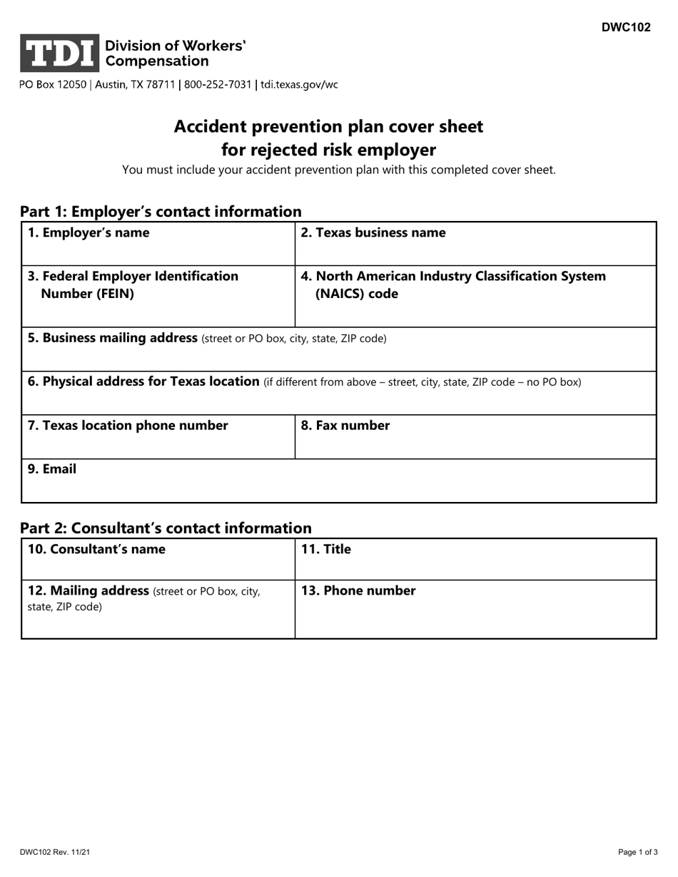 Form DWC102 Accident Prevention Plan Cover Sheet for Rejected Risk Employer - Texas, Page 1