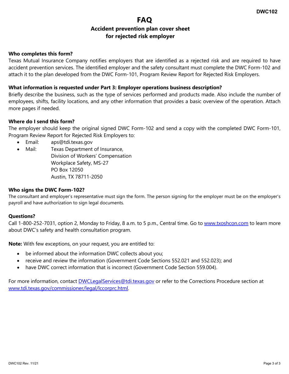 Form DWC102 Accident Prevention Plan Cover Sheet for Rejected Risk Employer - Texas, Page 3