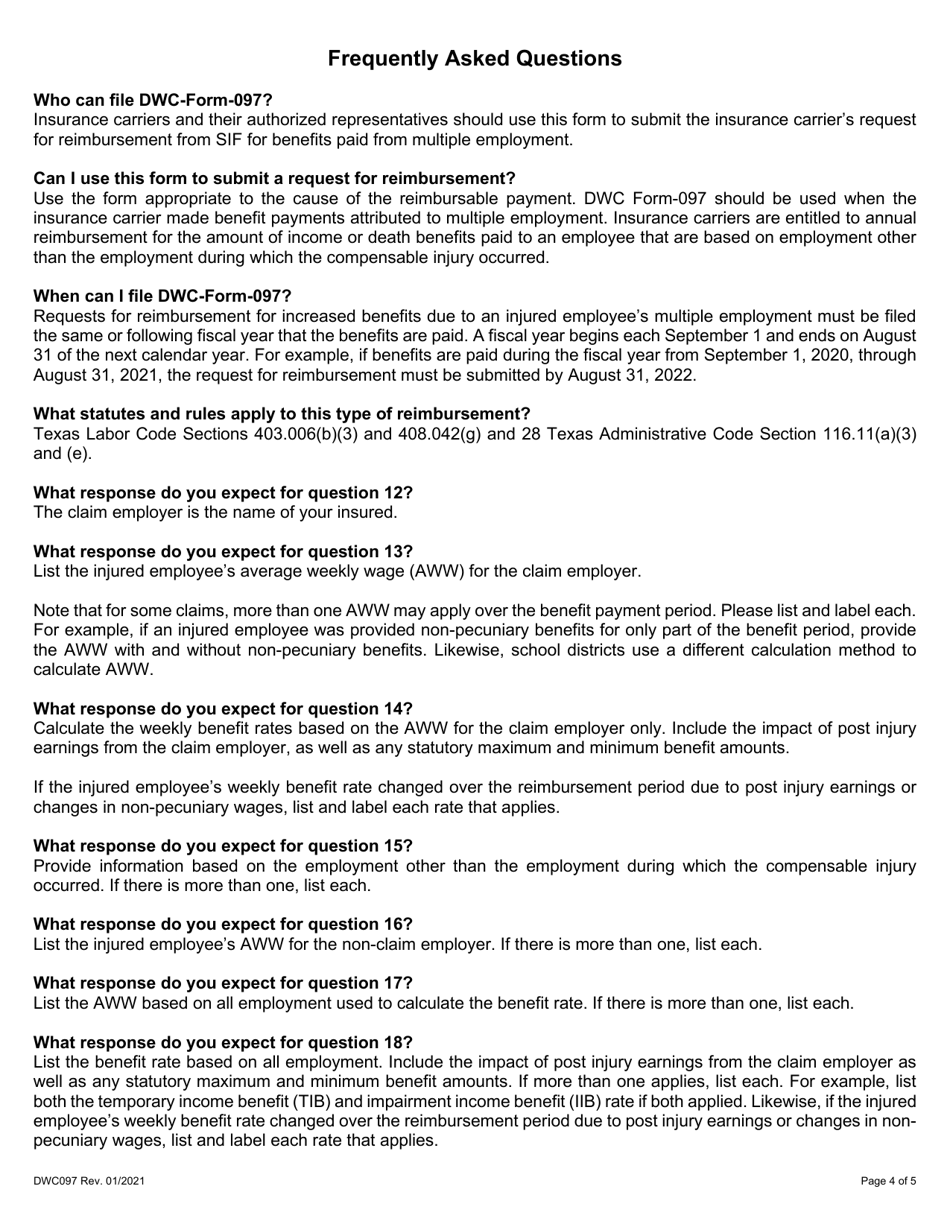 Form DWC097 Subsequent Injury Fund Reimbursement Request Form - Multiple Employment - Texas, Page 4