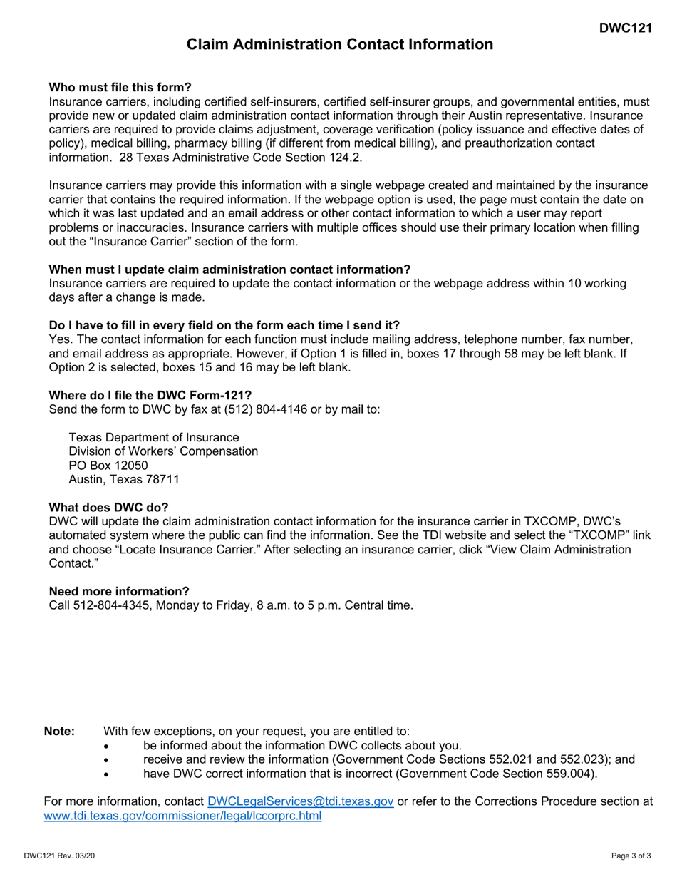 Form DWC121 Claim Administration Contact Information - Texas, Page 3