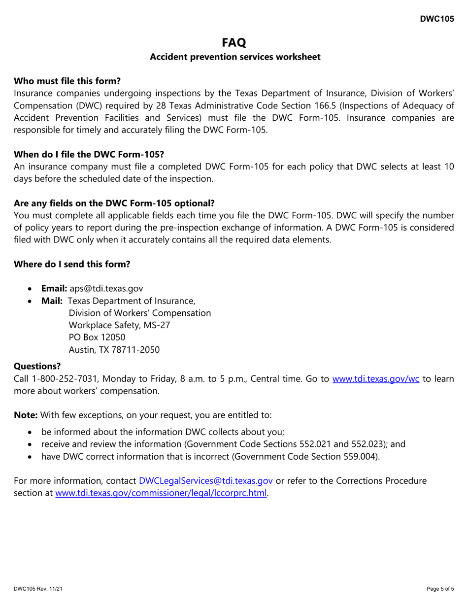 Form DWC105 Accident Prevention Services Worksheet - Texas, Page 5