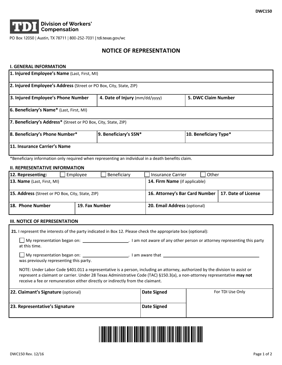 Form DWC150 Notice of Representation - Texas, Page 1