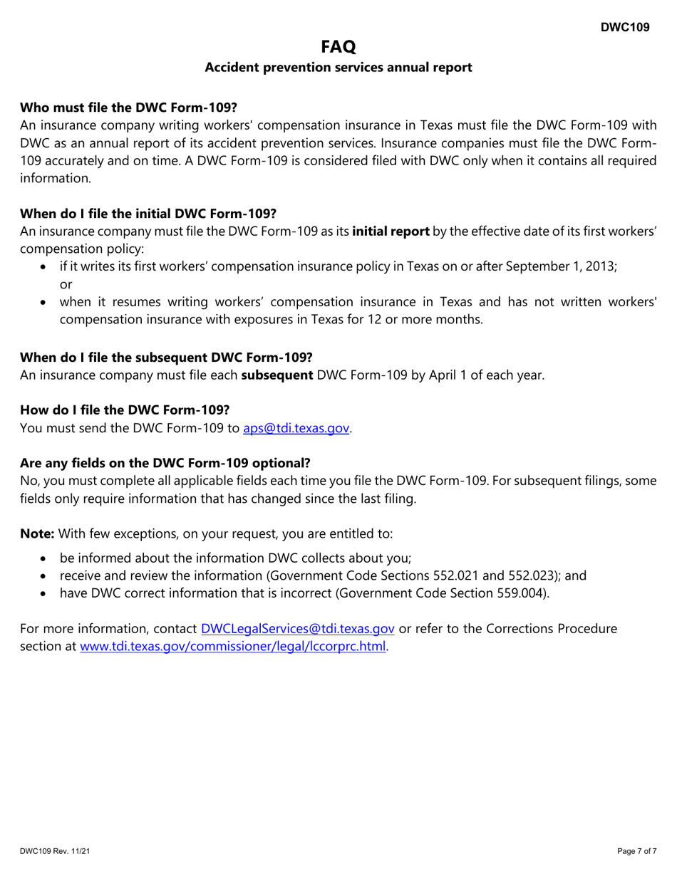 Form DWC109 Accident Prevention Services Annual Report - Texas, Page 7