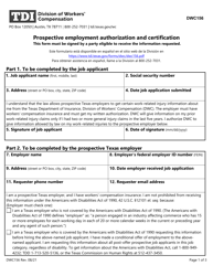 Form DWC156 Prospective Employment Authorization and Certification - Texas