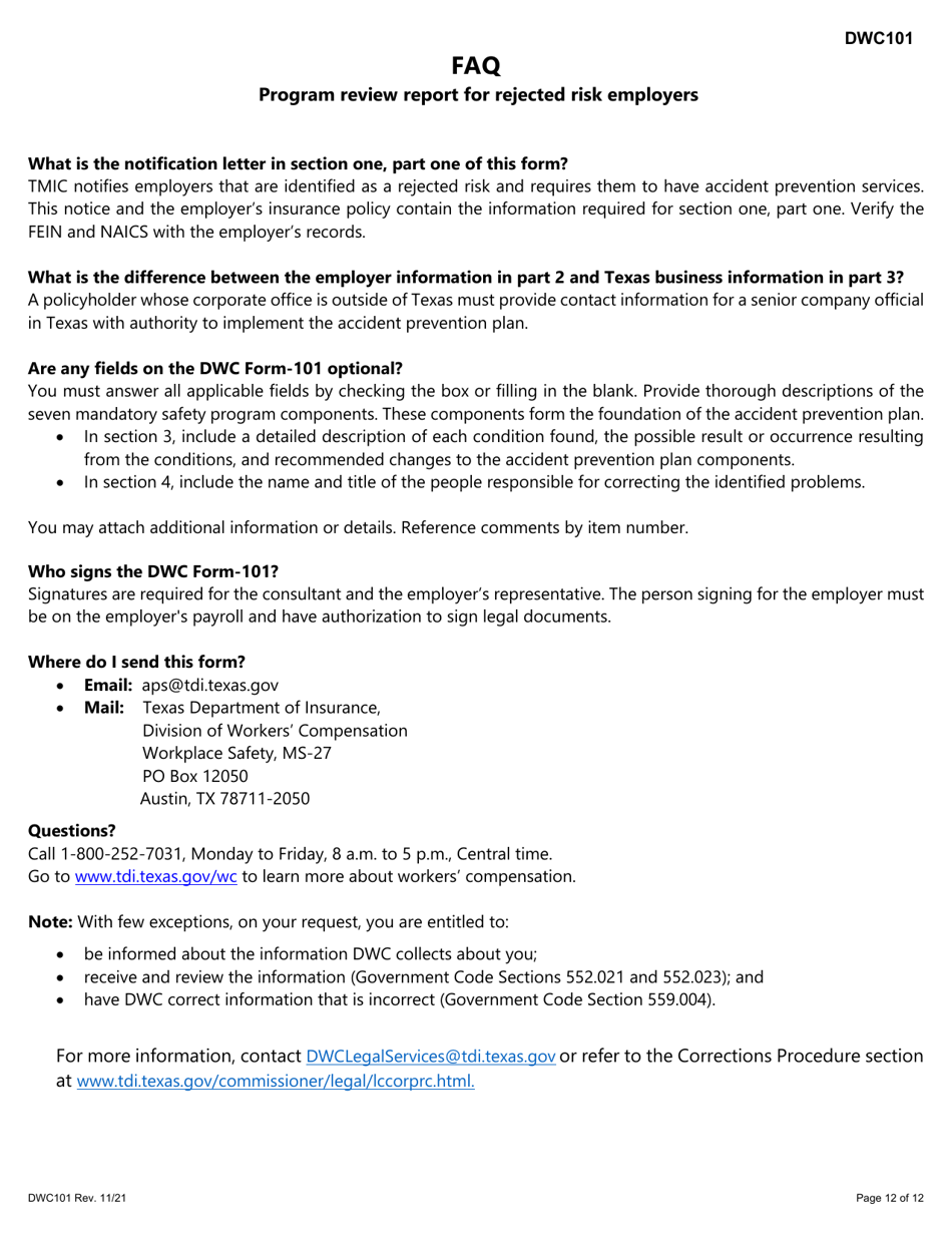 Form DWC101 Program Review Report for Rejected Risk Employers - Texas, Page 12