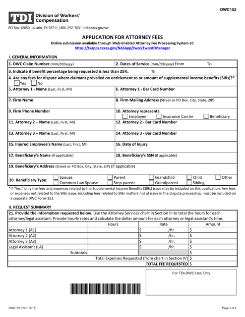 Form DWC152 Application for Attorney Fees - Texas