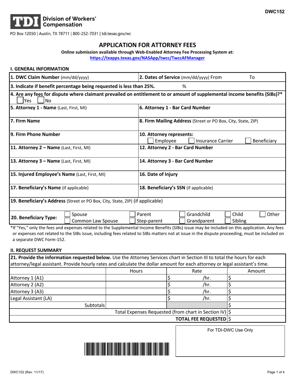 Form DWC152 Application for Attorney Fees - Texas, Page 1