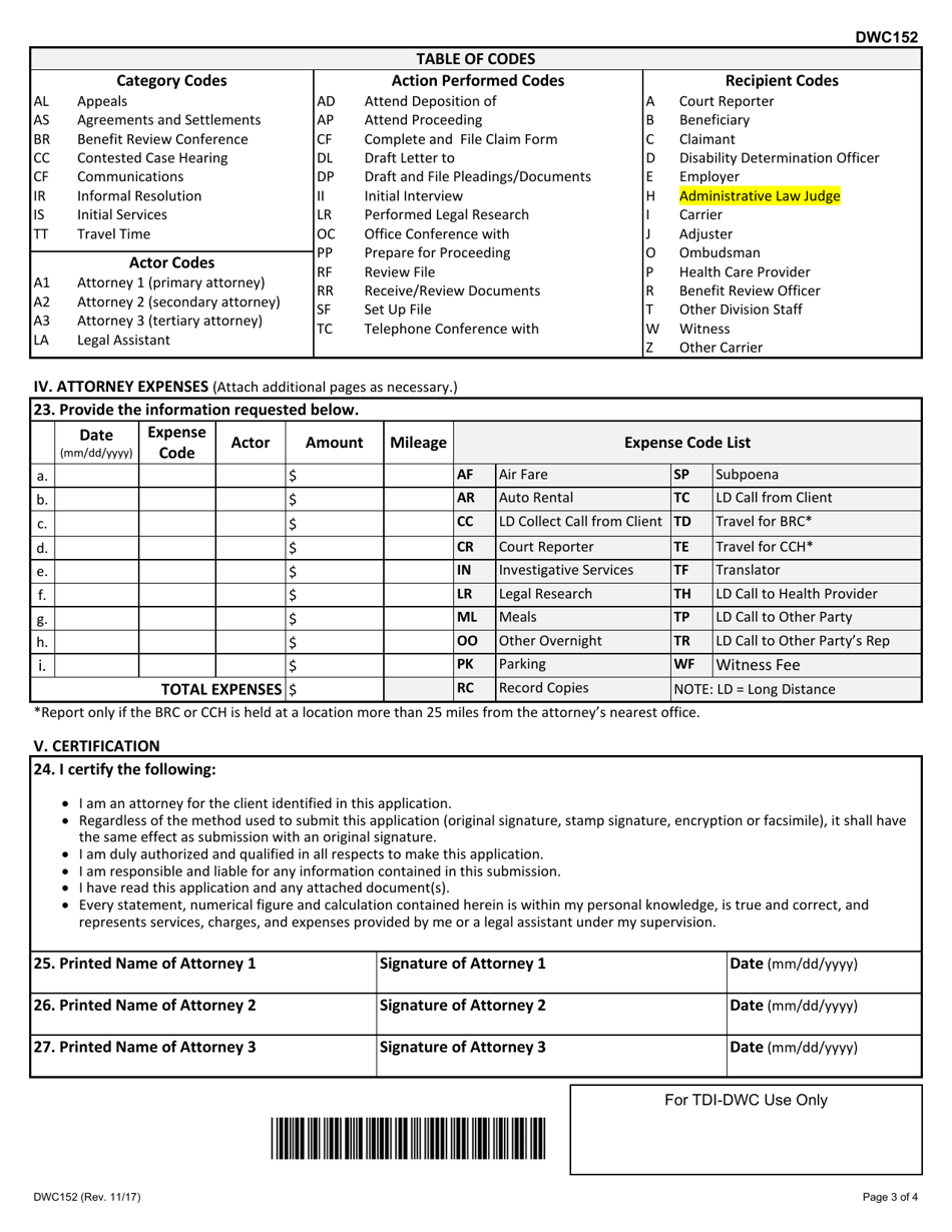 Form DWC152 Application for Attorney Fees - Texas, Page 3