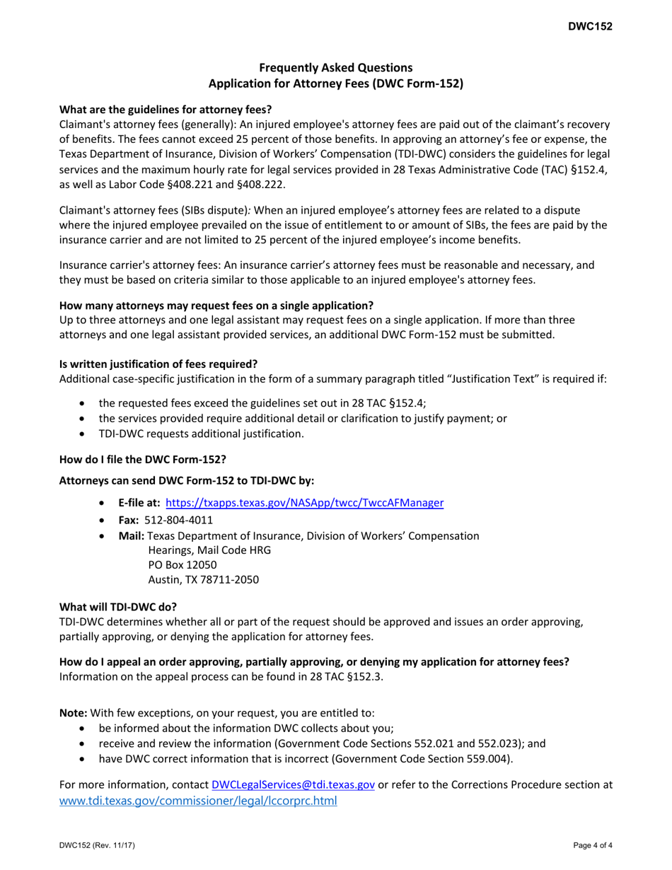 Form DWC152 Application for Attorney Fees - Texas, Page 4