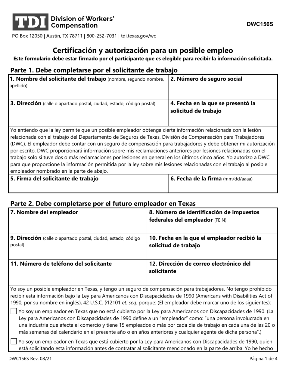 Formulario DWC156S Certificacion Y Autorizacion Para Un Posible Empleo - Texas (Spanish), Page 1