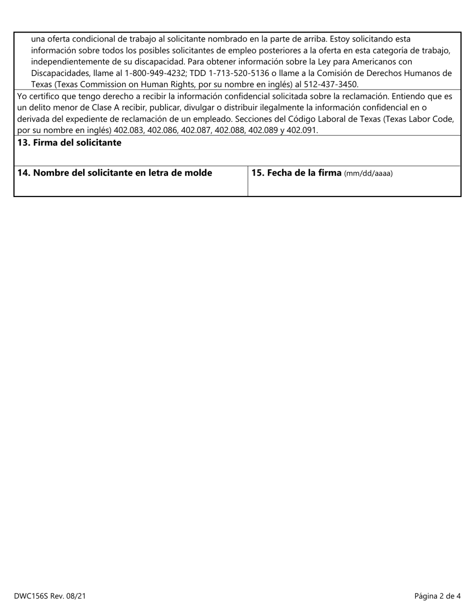 Formulario DWC156S Certificacion Y Autorizacion Para Un Posible Empleo - Texas (Spanish), Page 2