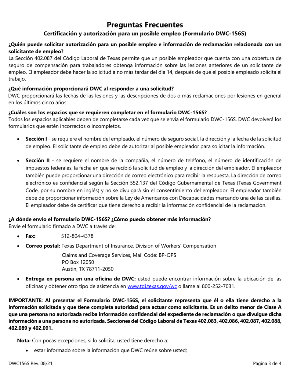 Formulario DWC156S Certificacion Y Autorizacion Para Un Posible Empleo - Texas (Spanish), Page 3