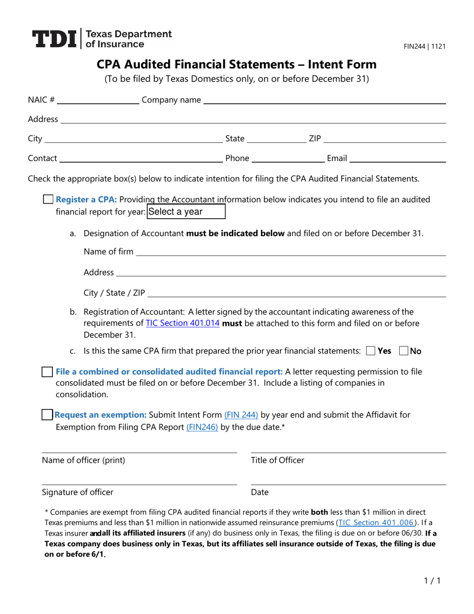 Form FIN244 CPA Audited Financial Statements - Intent Form - Texas, Page 1