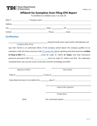 Document preview: Form FIN246 Affidavit for Exemption From Filing CPA Report - Texas, 2021