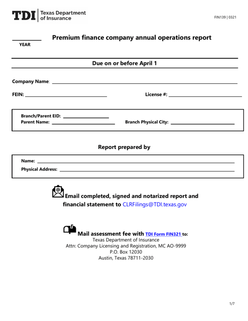 Form FIN139 Premium Finance Company Annual Operations Report - Texas
