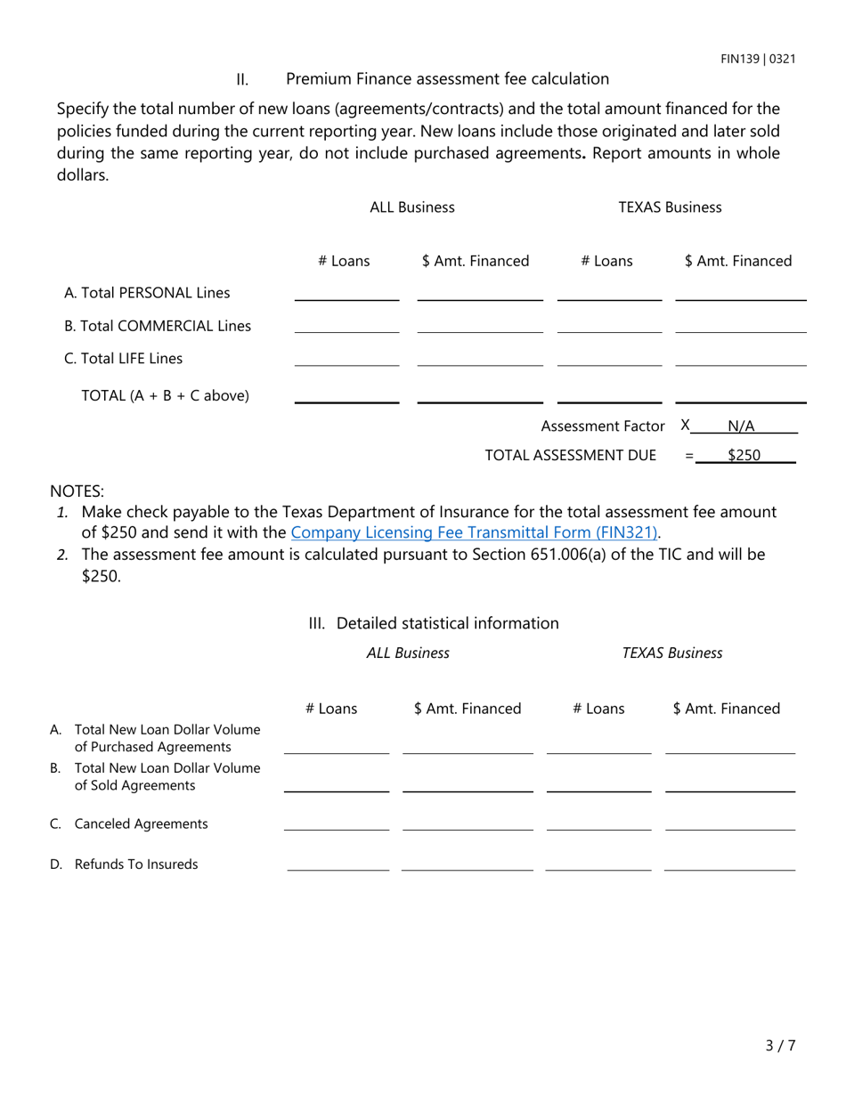 Form FIN139 Premium Finance Company Annual Operations Report - Texas, Page 3