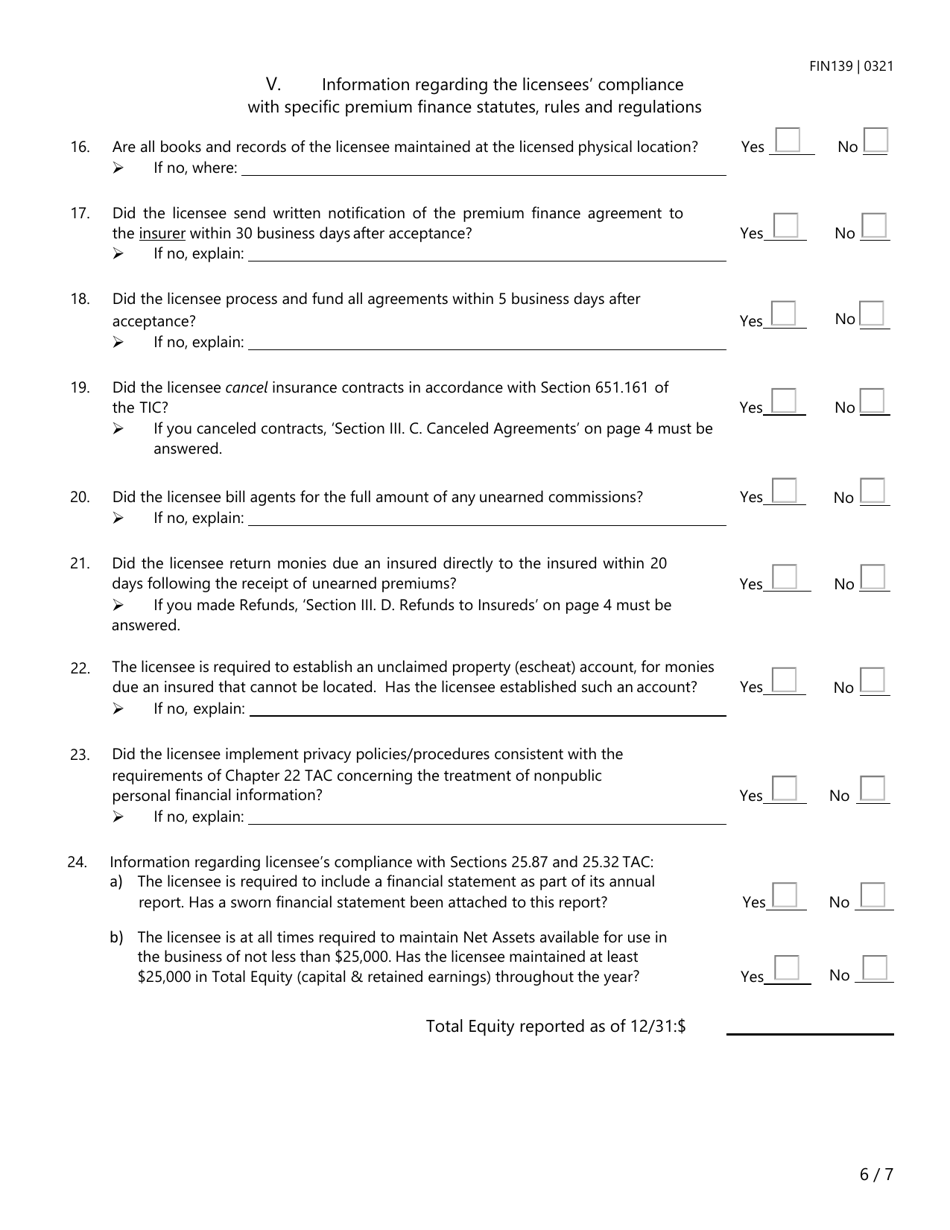 Form FIN139 Premium Finance Company Annual Operations Report - Texas, Page 6