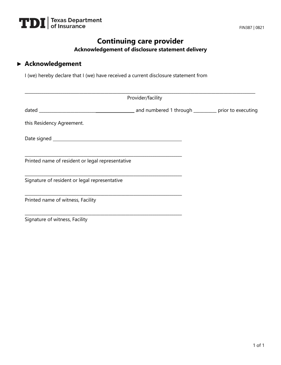 Form FIN387 (CCRC Form 5) Acknowledgement of Delivery of Disclosure Statement - Texas, Page 1
