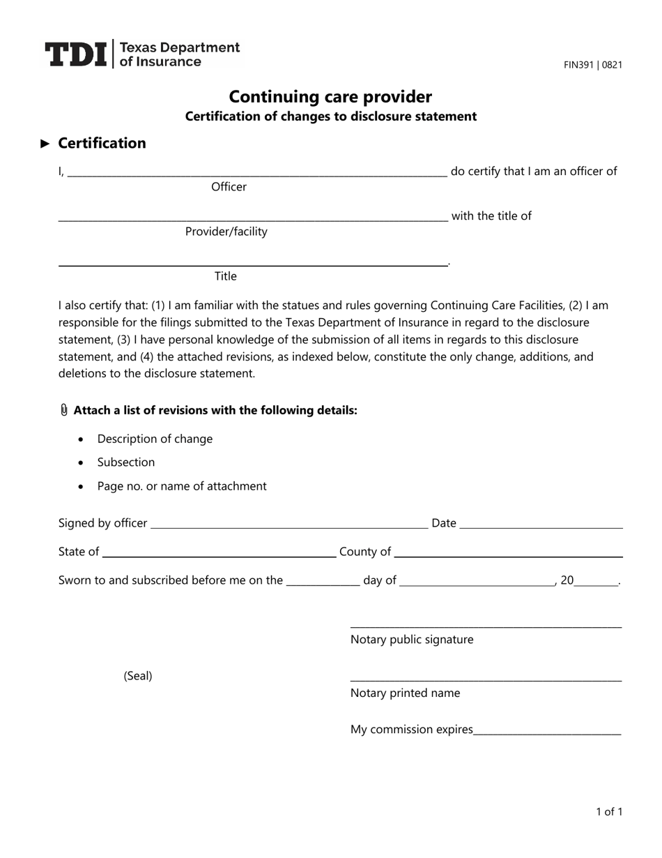Form FIN391 (CCRC Form 8) Certification of Changes to Disclosure Statement - Texas, Page 1