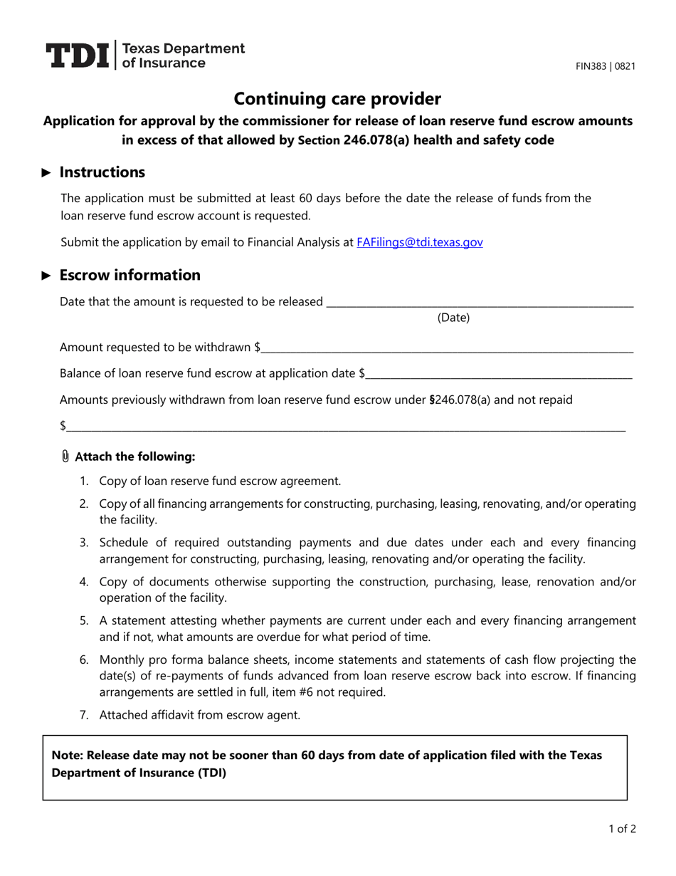 Form FIN383 (CCRC Form 2) Continuing Care Provider - Texas, Page 1