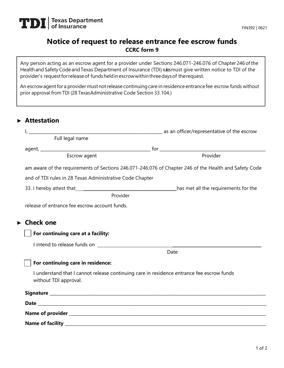 Tx Rrc Form R9 Form FIN392 (CCRC Form 9) Download Fillable PDF or Fill Online Notice ...