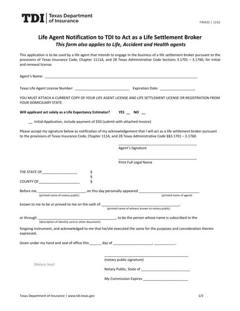 Form FIN432 Life Agent Notification to Tdi to Act as a Life Settlement Broker - Texas