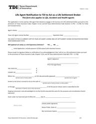 Form FIN432 Life Agent Notification to Tdi to Act as a Life Settlement Broker - Texas