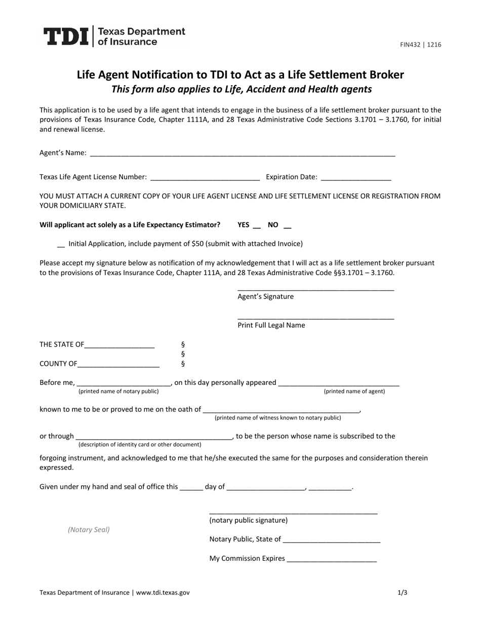 Form FIN432 Life Agent Notification to Tdi to Act as a Life Settlement Broker - Texas, Page 1