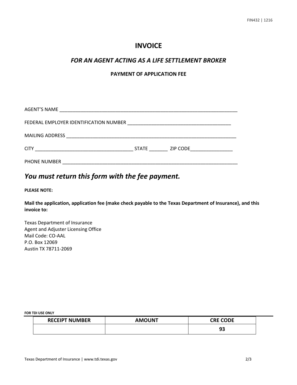 Form FIN432 Life Agent Notification to Tdi to Act as a Life Settlement Broker - Texas, Page 2