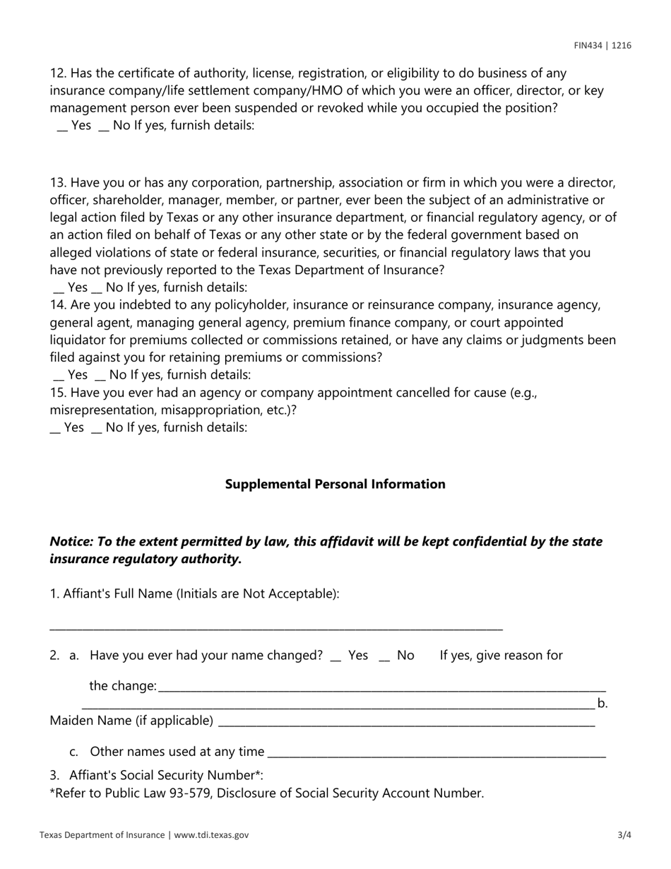 Form FIN434 Biographical Affidavit for Life Settlement Providers or Brokers - Texas, Page 3