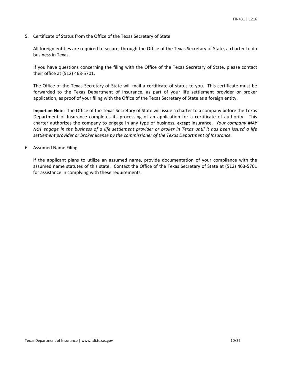 Form FIN431 Application for Renewal, Surrender, or Change of Information for a Life Settlement Provider or Broker - Texas, Page 10