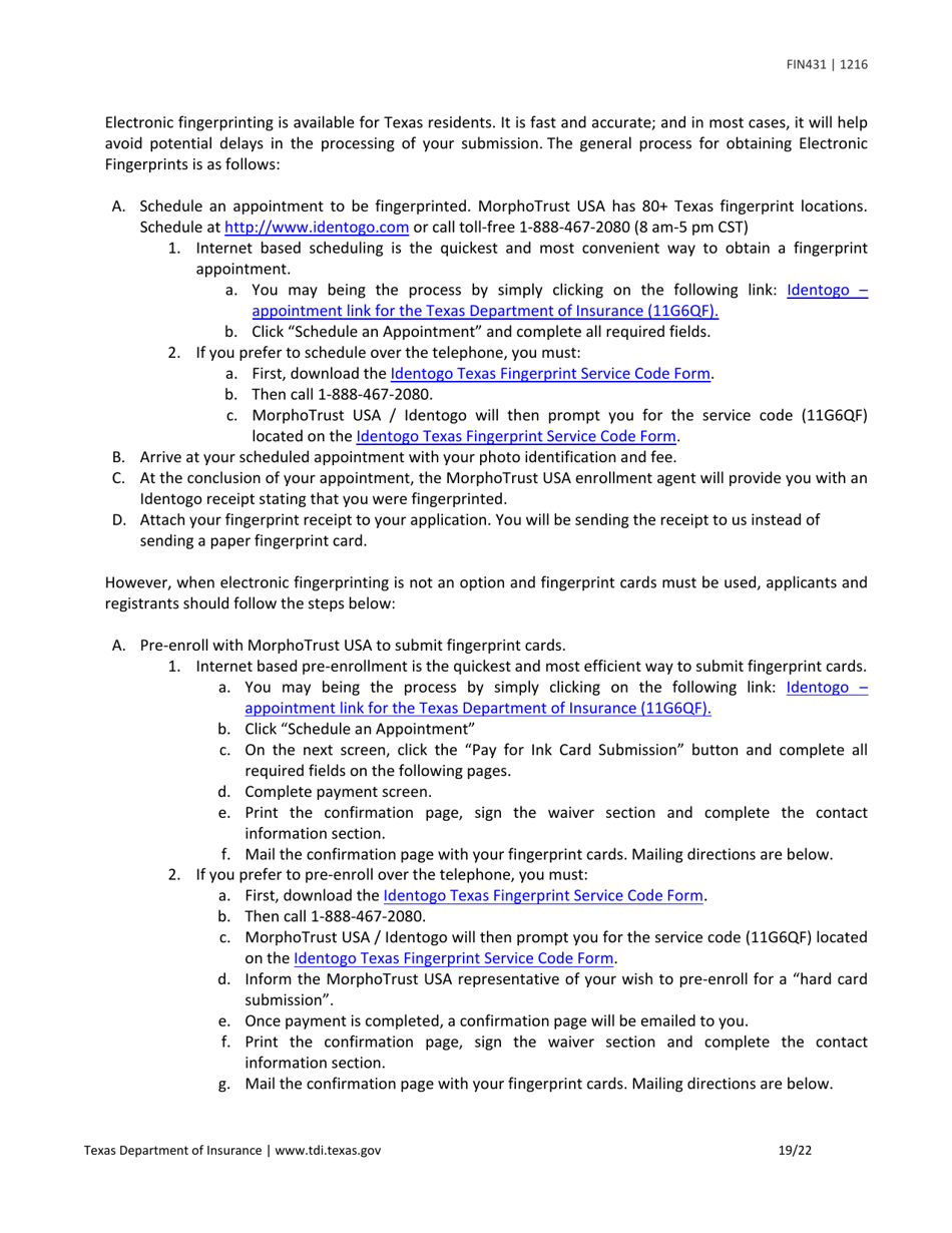 Form FIN431 Application for Renewal, Surrender, or Change of Information for a Life Settlement Provider or Broker - Texas, Page 19