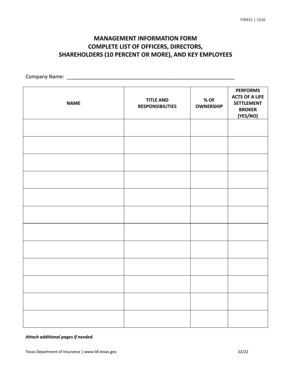 Form FIN431 Application for Renewal, Surrender, or Change of Information for a Life Settlement Provider or Broker - Texas, Page 22