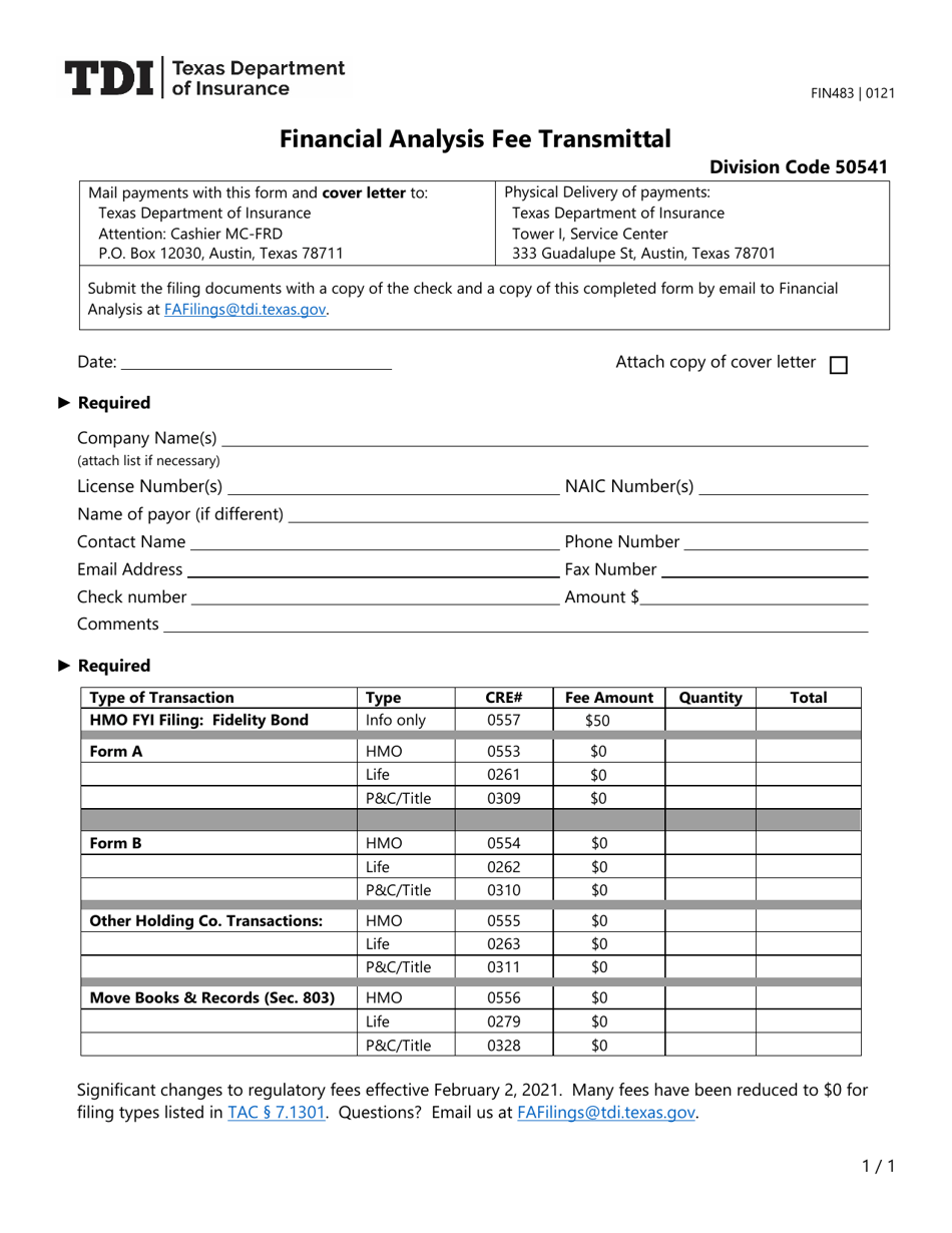 Form FIN483 Financial Analysis Fee Transmittal - Texas, Page 1