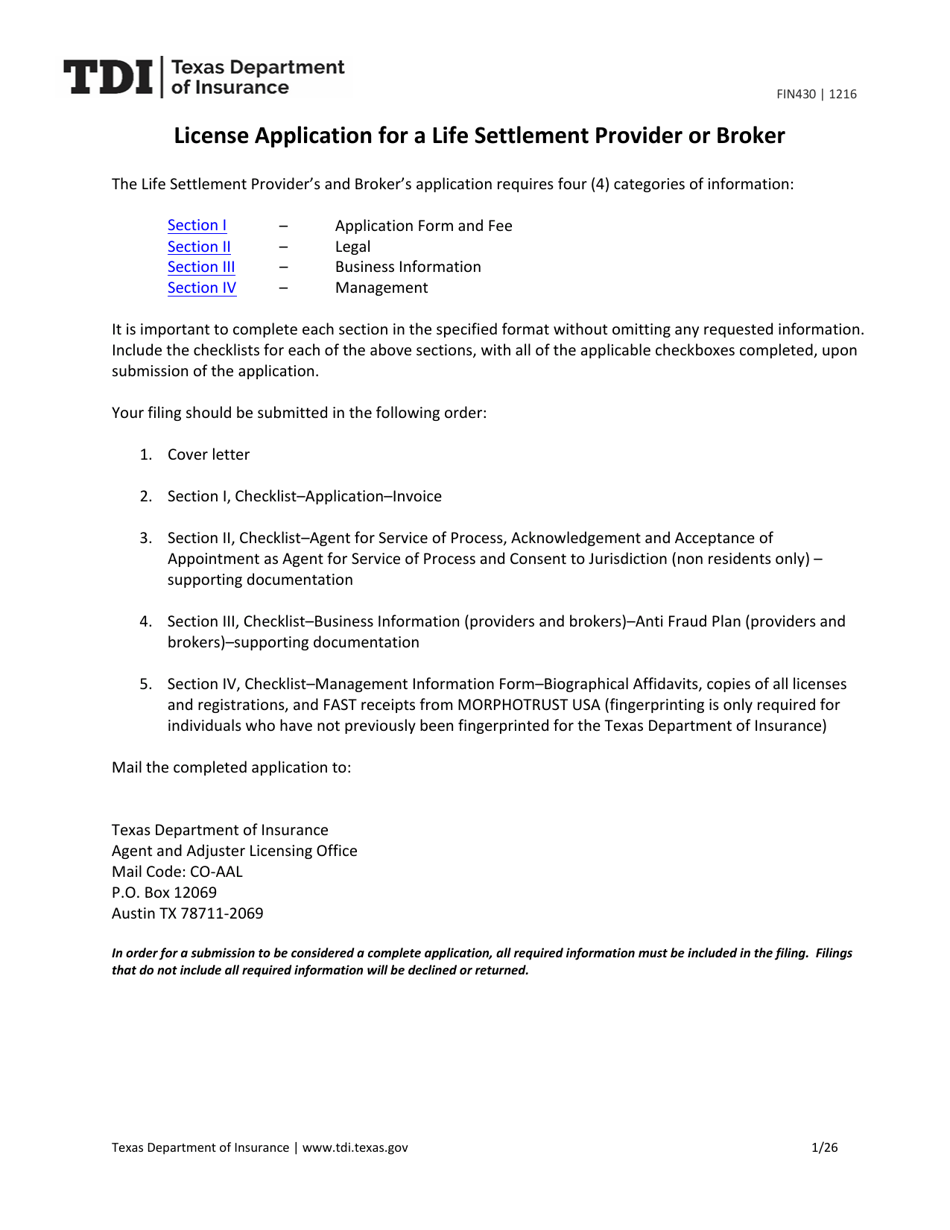 Form FIN430 License Application for a Life Settlement Provider or Broker - Texas, Page 1