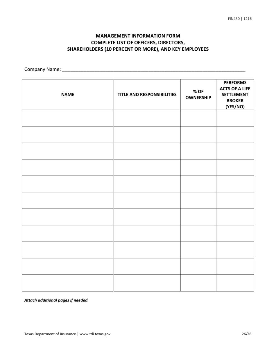Form FIN430 License Application for a Life Settlement Provider or Broker - Texas, Page 26