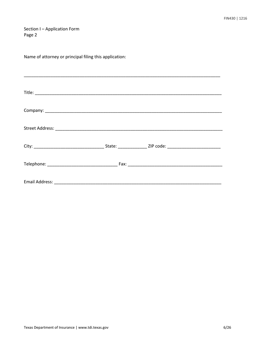 Form FIN430 License Application for a Life Settlement Provider or Broker - Texas, Page 6