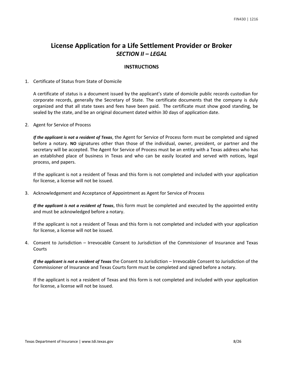 Form FIN430 License Application for a Life Settlement Provider or Broker - Texas, Page 8